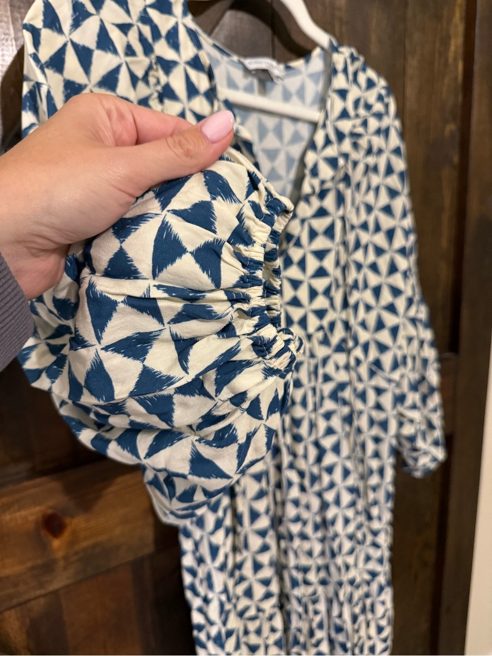 V-Neck Blue & White Geometric Tiered Midi Dress - Picture 3 of 7